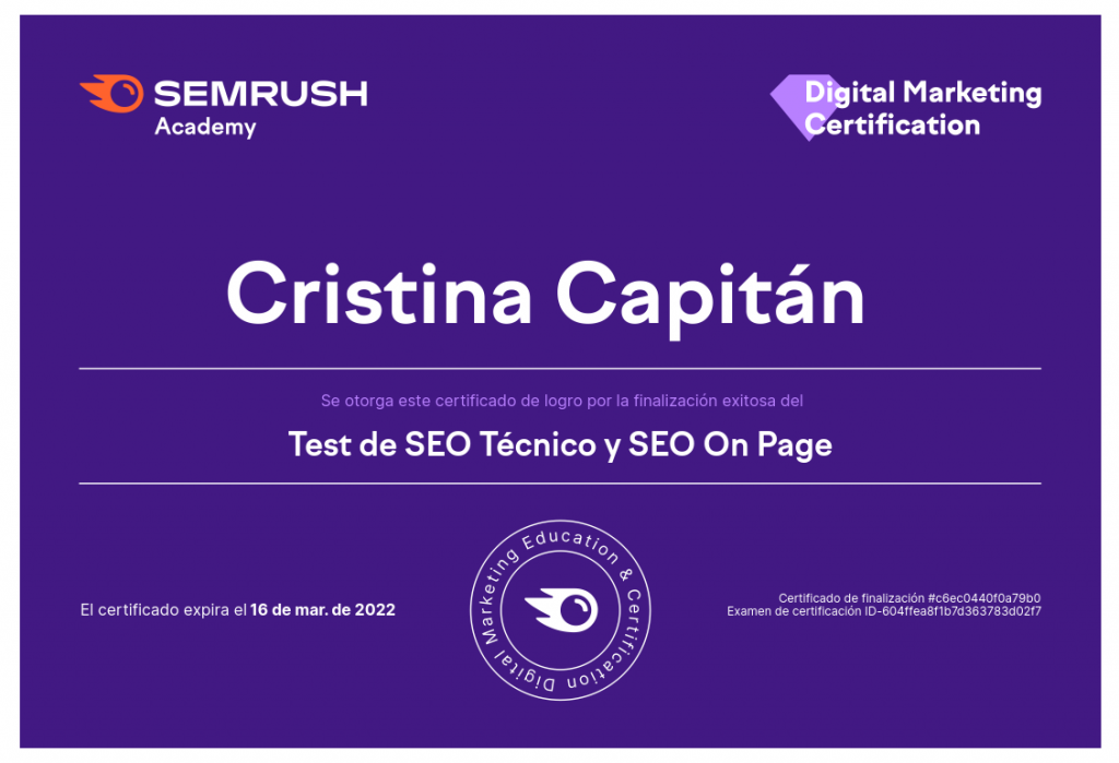 Certificado de SEO técnico y SEO ON PAGE